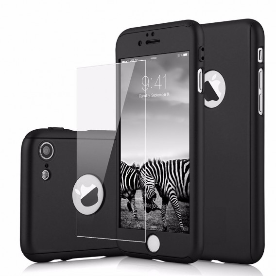 Schwarz 360° Full Cover Case iPhone 7 und Panzerglas