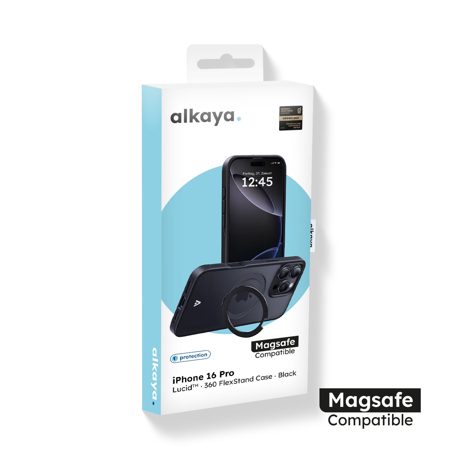 alkaya. | LUCID™ 360 FlexStand Case kompatibel mit MagSafe, Schwarz iPhone 16 Pro