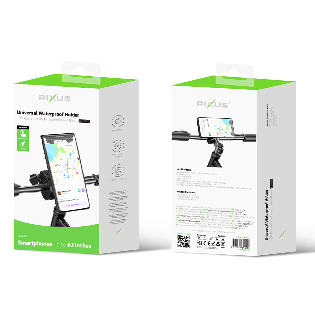 Rixus  Universal Wasserdichte Handyhülle mit Fahrradhalterung – 360° Drehbar, Schwarz, 5,5" - Phonebazaar