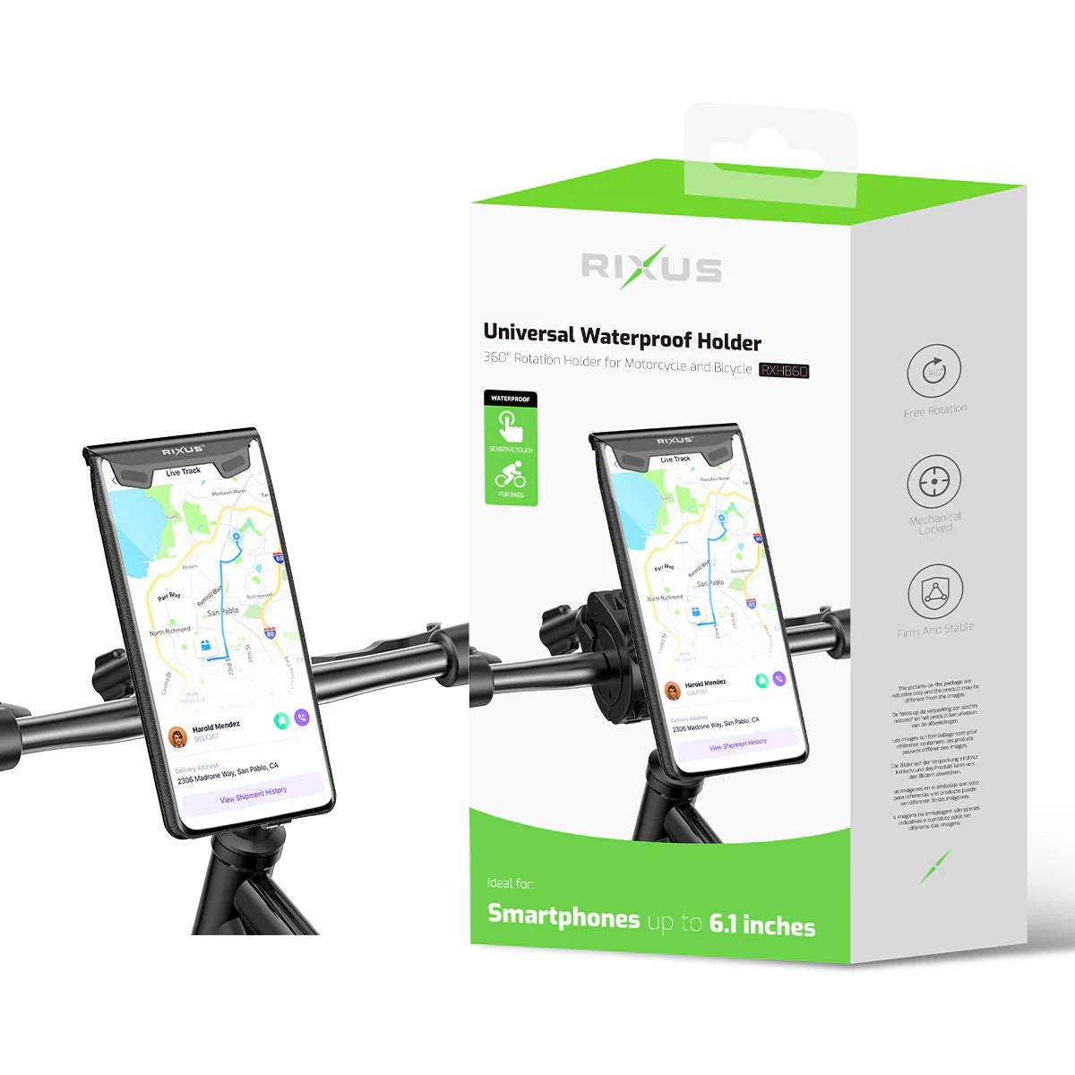 Rixus  Universal Wasserdichte Handyhülle mit Fahrradhalterung – 360° Drehbar, Schwarz, 5,5" - Phonebazaar