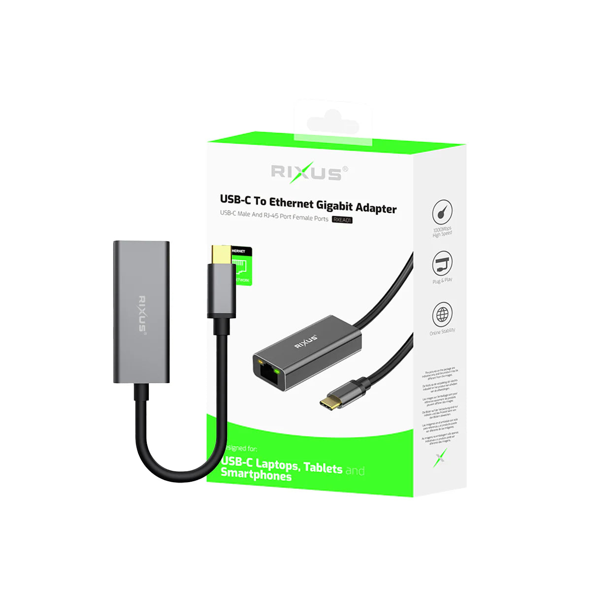 Rixus USB-C zu RJ45 Gigabit Ethernet Adapter – Grau - Phonebazaar