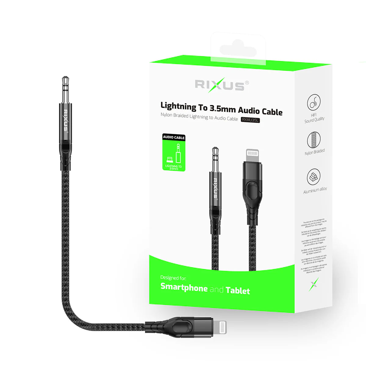 Rixus  3.5mm AUX zu Lightning Audiokabel, 120cm, Schwarz, Geflochten - Phonebazaar