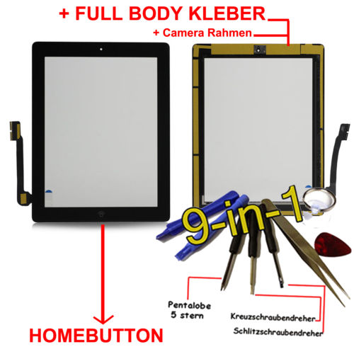 iPad 4 Touchscreen Glas Schwarz Homebutton und Kleber