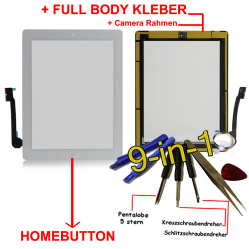 iPad 4 Touchscreen Glas weiss Homebutton und Kleber