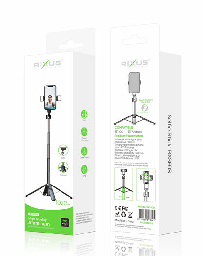 Rixus RXSF08 Aluminium Selfie Stick mit Doppel-LED-Licht und Bluetooth Fernbedienung – Schwarz