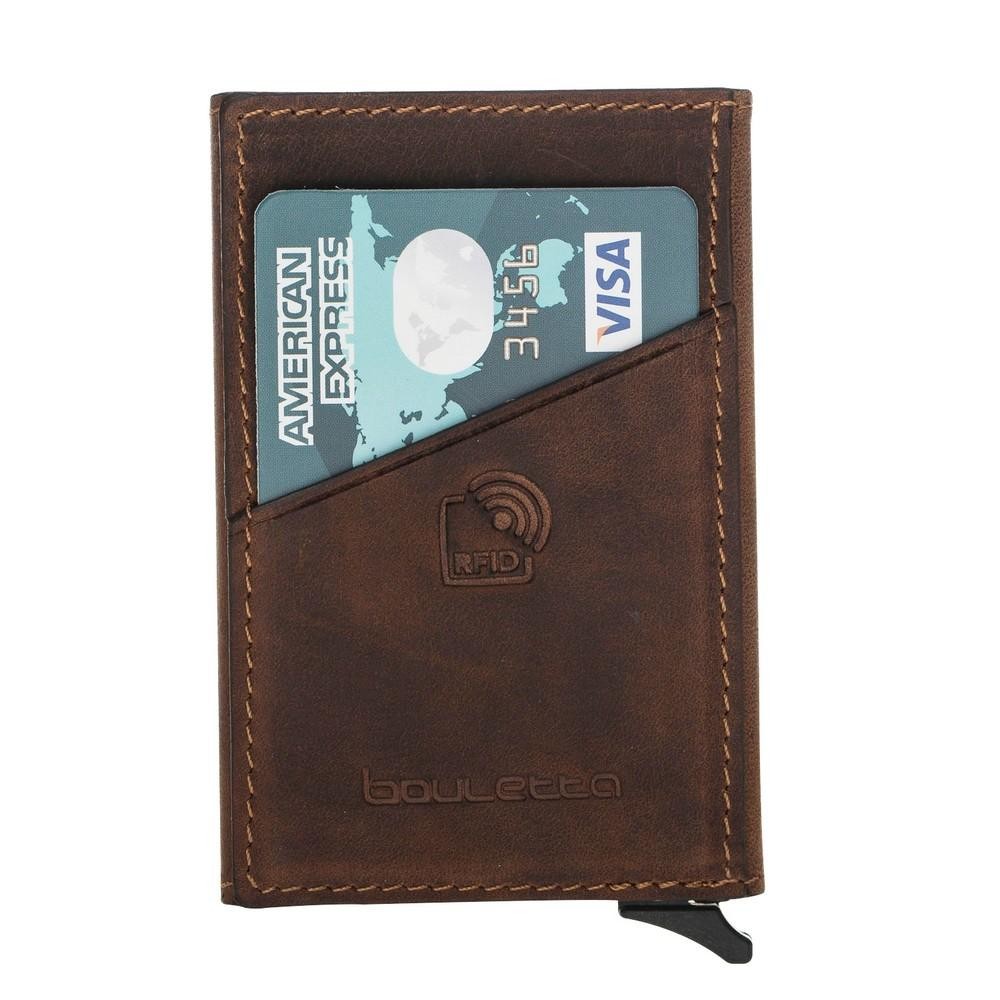 Bouletta Mini Kreditkarten Leder Etui Geldbörse mit Kartenauswurf-Mechanismus (RFID Schutz) - Braun