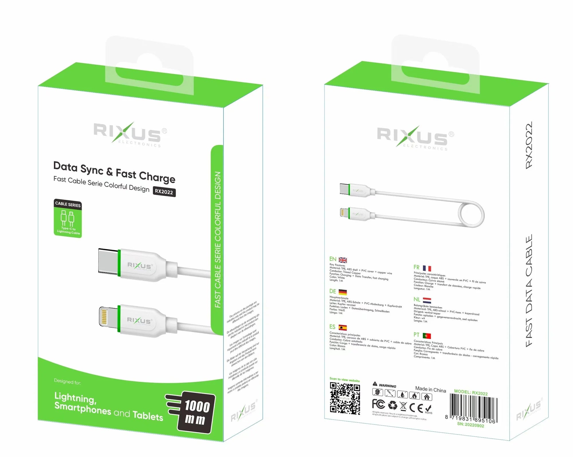 Rixus RXU82C Boost USB-A zu USB-C 200 cm Kabel – Weiss