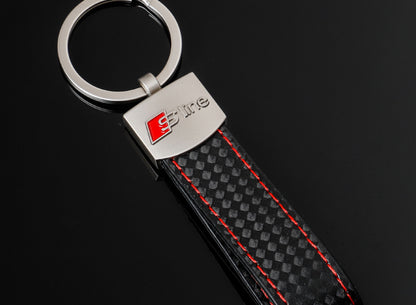 Audi S Line Carbon Schlüsselanhänger Leder Schwarz (Auf Wunsch mit Gravur)