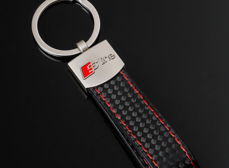 Audi S Line Carbon Schlüsselanhänger Leder Schwarz (Auf Wunsch mit Gravur)