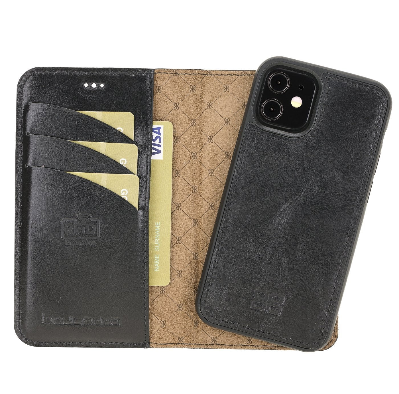 Bouletta Magnetische abnehmbare Brieftasche aus Leder mit RFID-Blocker für iPhone 12 Mini Rustic Black