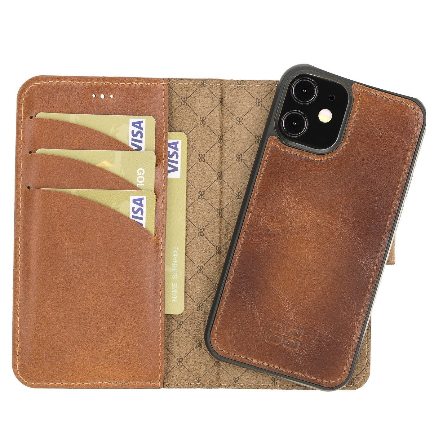 Bouletta Magnetische abnehmbare Handyhülle aus Leder mit RFID-Blocker für iPhone 12 Mini Rustic Tan with Efekt