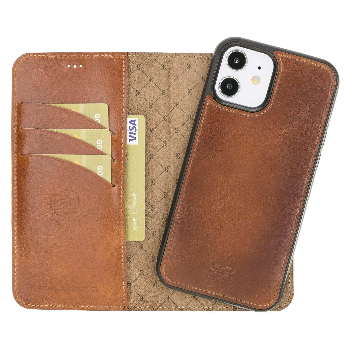 Bouletta Magnetische abnehmbare Handyhülle aus Leder mit RFID-Blocker für iPhone 12 Rustic Tan with Efekt