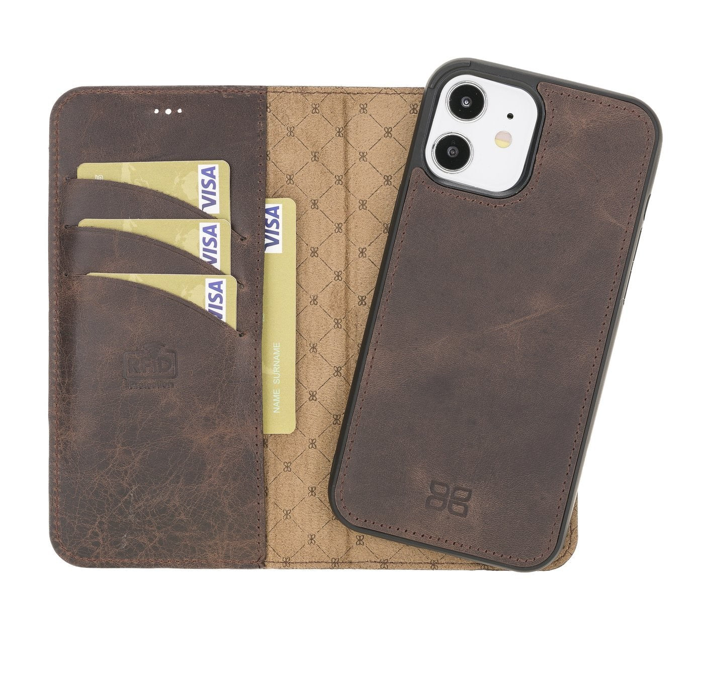 Bouletta Magnetische abnehmbare Handyhülle aus Leder mit RFID-Blocker für iPhone 12 Tiguan Brown