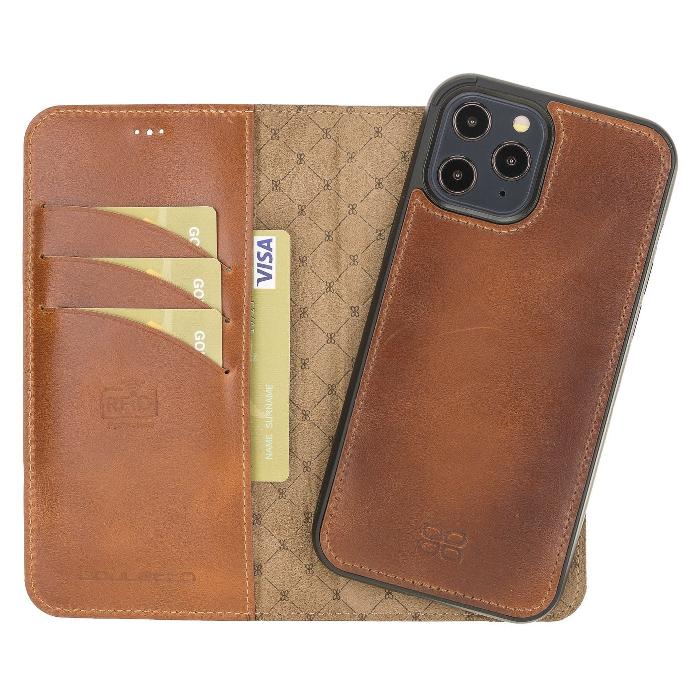 Bouletta Magnetische abnehmbare Handyhülle aus Leder mit RFID-Blocker für iPhone 12 Pro Max Rustic Tan with Efekt