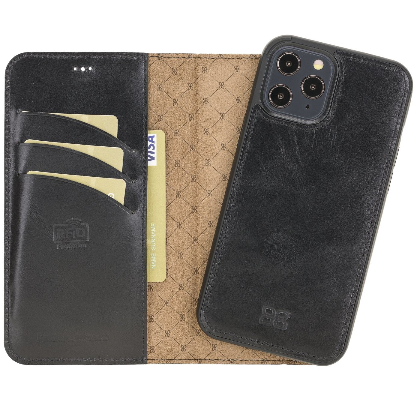 Bouletta Magnetische abnehmbare Handyhülle aus Leder mit RFID-Blocker für iPhone 12 Pro Max Rustic Black
