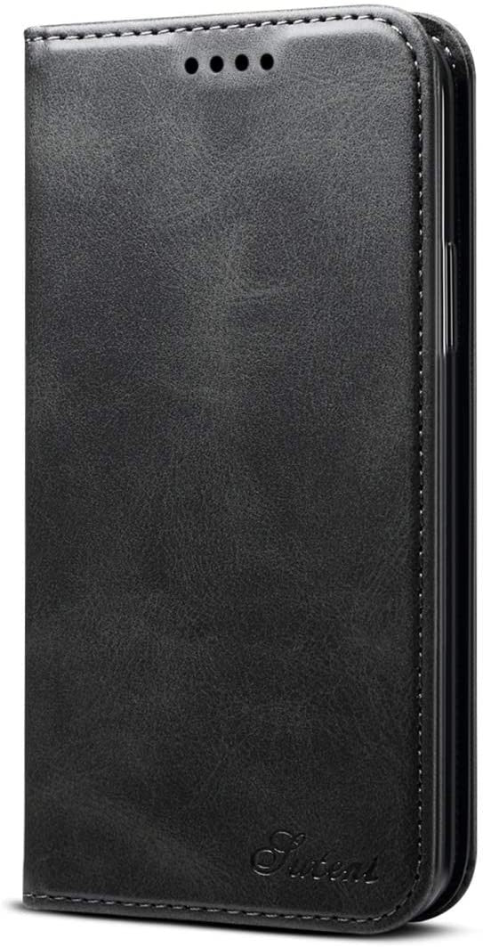 Suteni Leder Geldbörse Hülle Schwarz für iPhone 12 Pro
