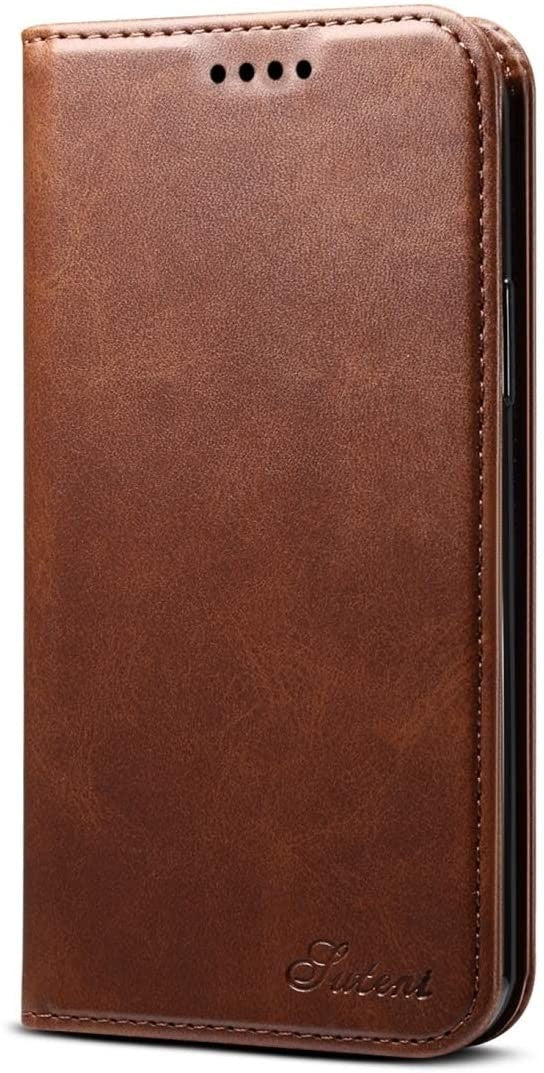 Suteni Leder Geldbörse Hülle Braun für iPhone 12 Pro