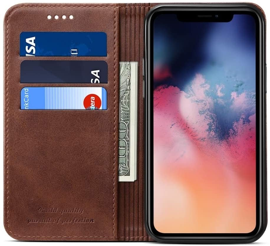 Suteni Leder Geldbörse Hülle Braun für iPhone 12 Pro