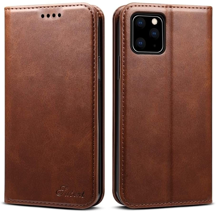 Suteni Leder Geldbörse Hülle Braun für iPhone 12 Pro
