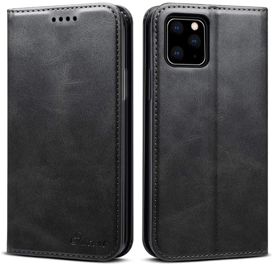 Suteni Leder Geldbörse Hülle Schwarz für iPhone 12 Pro