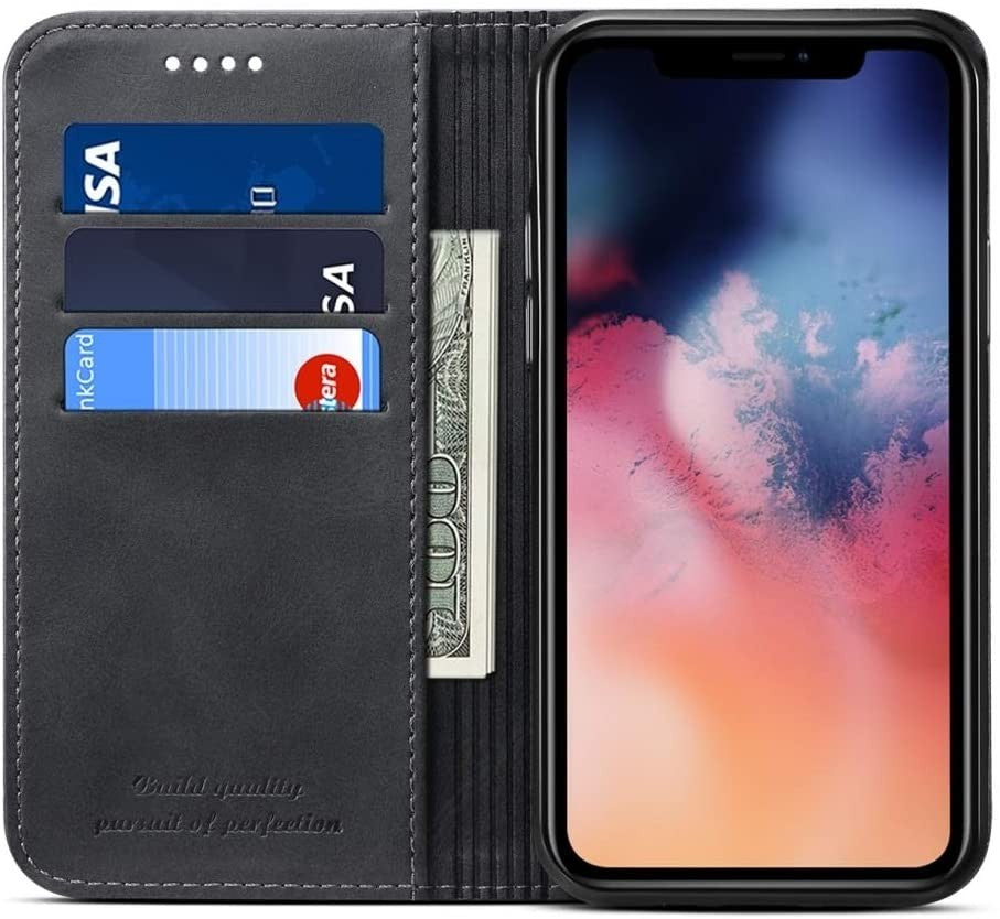 Suteni Leder Geldbörse Hülle Schwarz für iPhone 12 Pro