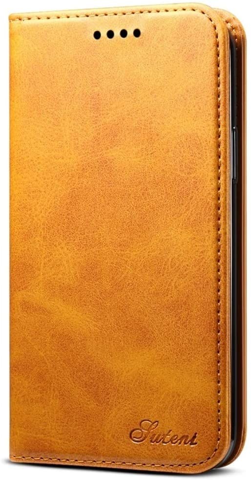 Suteni Leder Geldbörse Hülle Khaki für iPhone 12 Pro