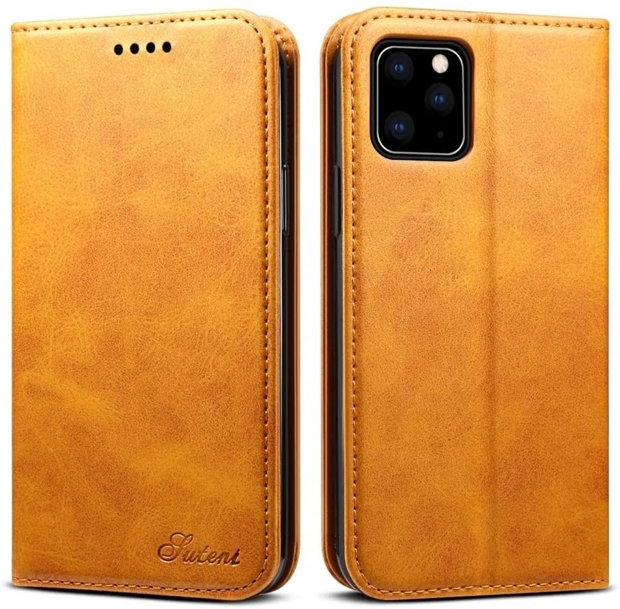 Suteni Leder Geldbörse Hülle Khaki für iPhone 12 Pro