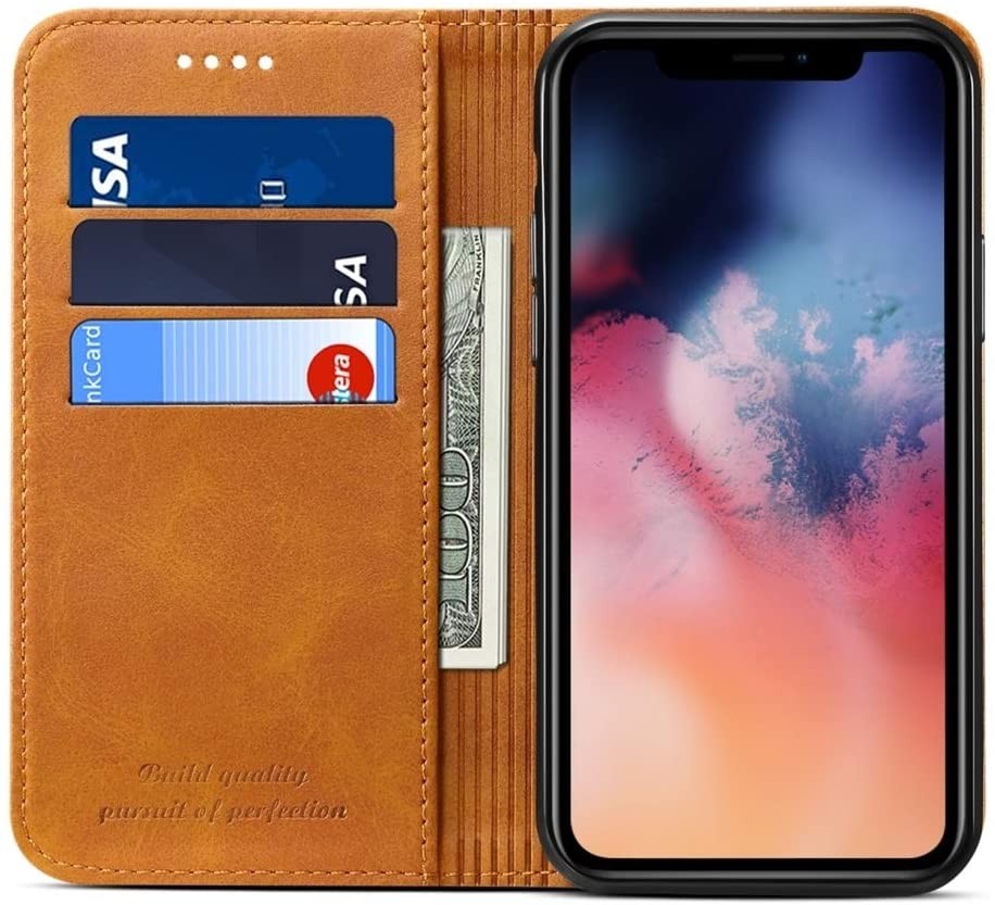 Suteni Leder Geldbörse Hülle Khaki für iPhone 12 Pro