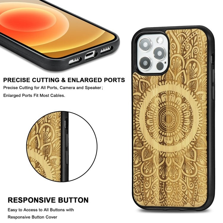 Holzfurnier Mandala Geprägte Magsafe-Hülle Magnetische TPU-Schockschutzhülle Für iPhone 12 Pro Max (Bambus)