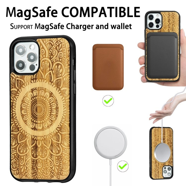 Holzfurnier Mandala Geprägte Magsafe-Hülle Magnetische TPU-Schockschutzhülle Für iPhone 12 Pro Max (Bambus)