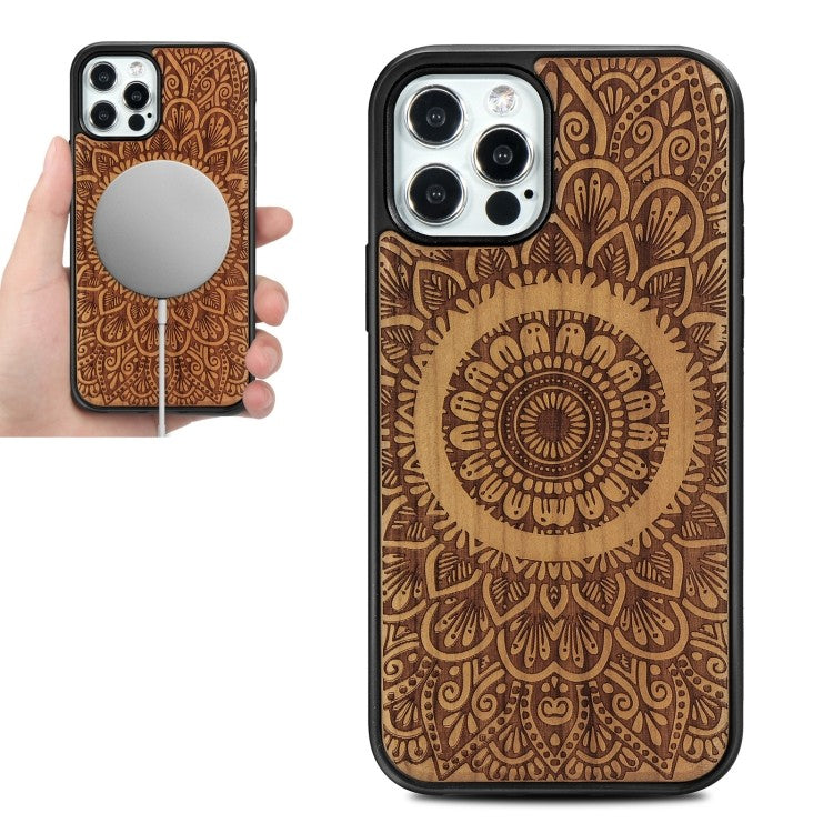Holzfurnier Mandala Geprägte Magsafe-Hülle Magnetische TPU-Schockschutzhülle Für iPhone 12 Pro Max (Kirschbaumholz)