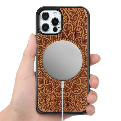 Holzfurnier Mandala Geprägte Magsafe-Hülle Magnetische TPU-Schockschutzhülle Für iPhone 12 Pro Max (Kirschbaumholz)
