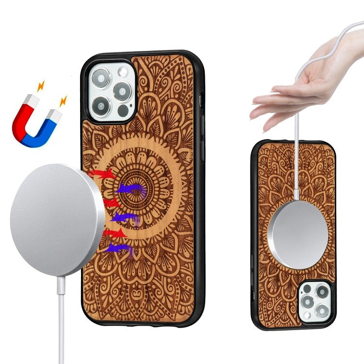 Holzfurnier Mandala Geprägte Magsafe-Hülle Magnetische TPU-Schockschutzhülle Für iPhone 12 Pro Max (Kirschbaumholz)