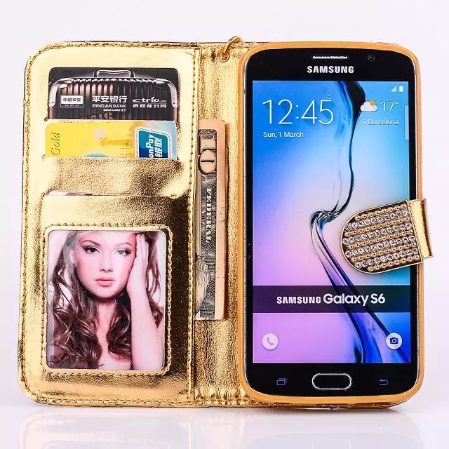 Bling Gold Leder Kreditkarte Etui Samsung Galaxy S6