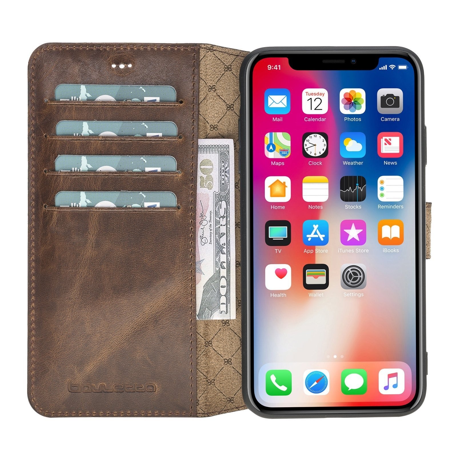 Bouletta Wallet Folio Ledertasche mit ID - Schlitz für Apple iPhone XS MAX - Vegetal dunkelbraun