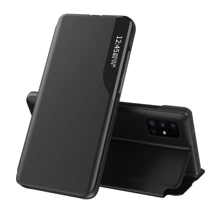 Samsung Galaxy A52 Seitenanzeige Magnetic Stossfest Leder Handyhülle mit Halter (schwarz)