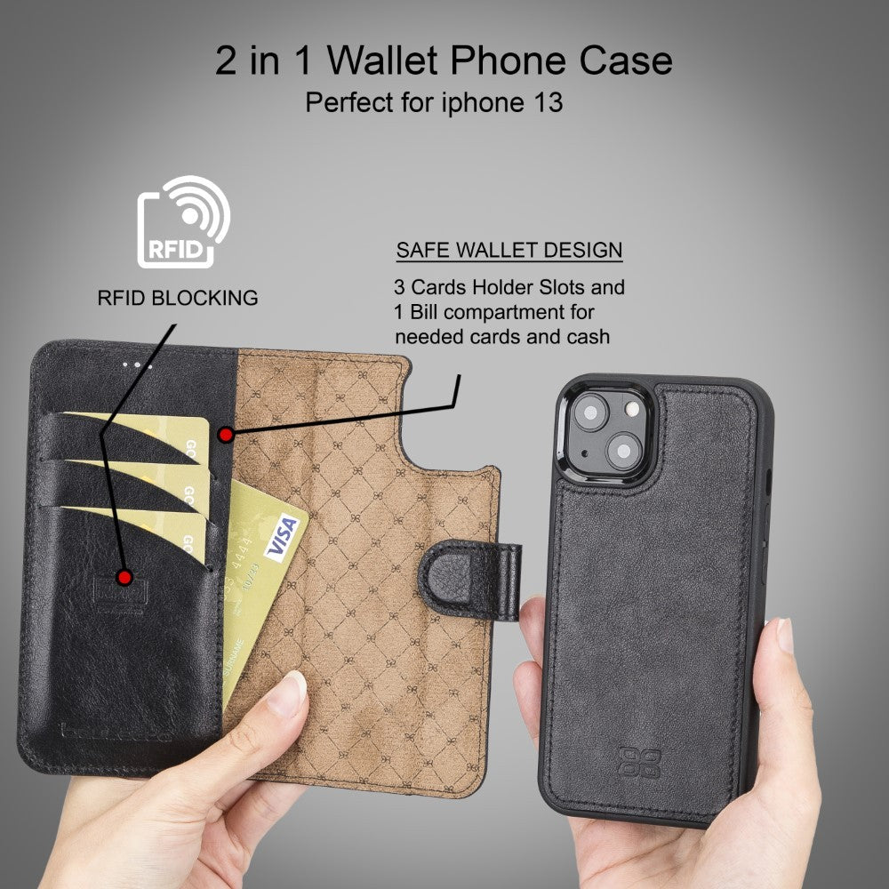 Bouletta Magnetische abnehmbare Handyhülle aus Leder mit RFID-Blocker für iPhone 13 Schwarz