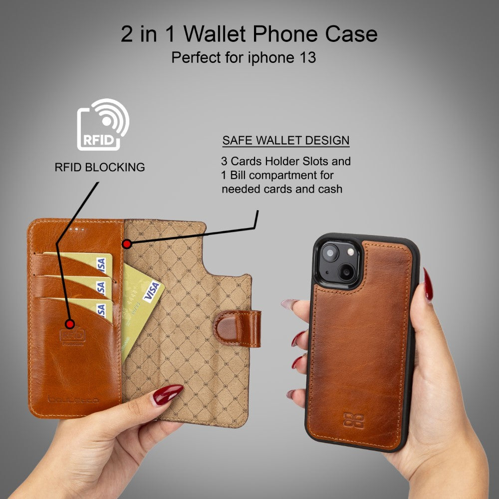 Bouletta Magnetische abnehmbare Handyhülle aus Leder mit RFID-Blocker für iPhone 13 Braun