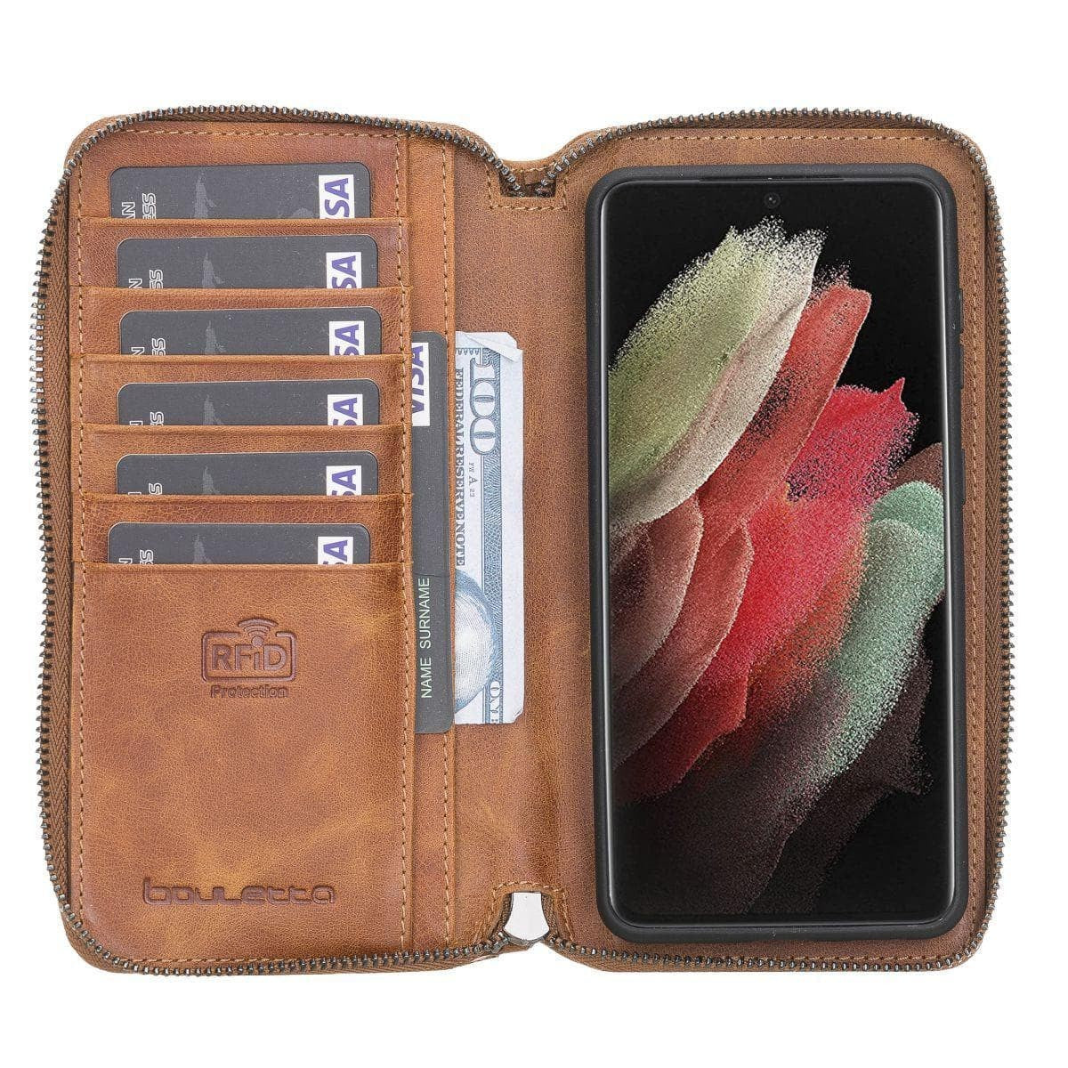 BOULETTA MAGNETISCHE ABNEHMBARE POUCH HANDYHÜLLE AUS LEDER MIT RFID-BLOCKER FÜR GALAXY S21 ULTRA- Tiguan Tan