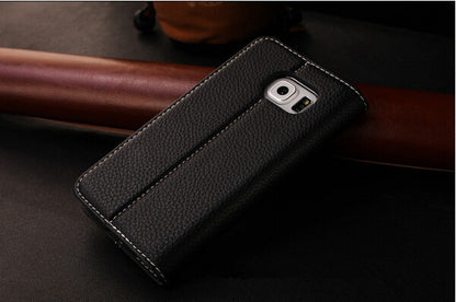 Schwarz Edel Leder Book Tasche Kreditkarten fach Galaxy S6 Edge