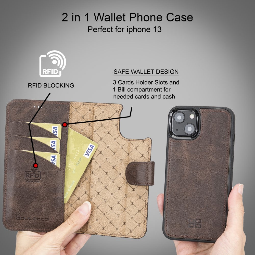 Bouletta Magnetische abnehmbare Handyhülle aus Leder mit RFID-Blocker für iPhone 13  Mini - Braun