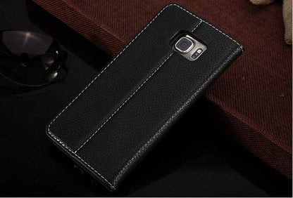 Schwarz Edel Leder Book Tasche Kreditkarten fach Galaxy S6 Edge