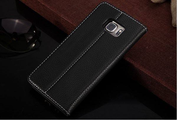 Schwarz Edel Leder Book Tasche Kreditkarten fach Galaxy S6 Edge