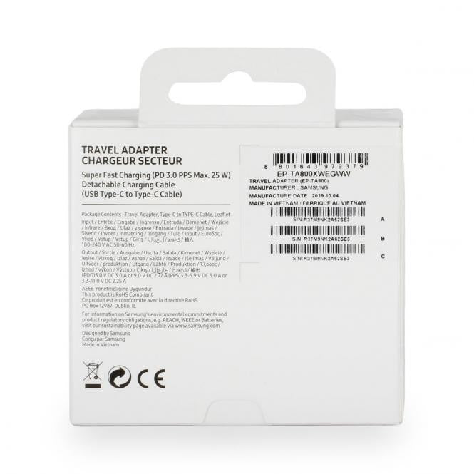 Samsung - (1m) AFC Schnell Ladegerät (3A/25W) + USB C auf USB C Ladekabel (EP-TA800XWEGWW) - Weiss