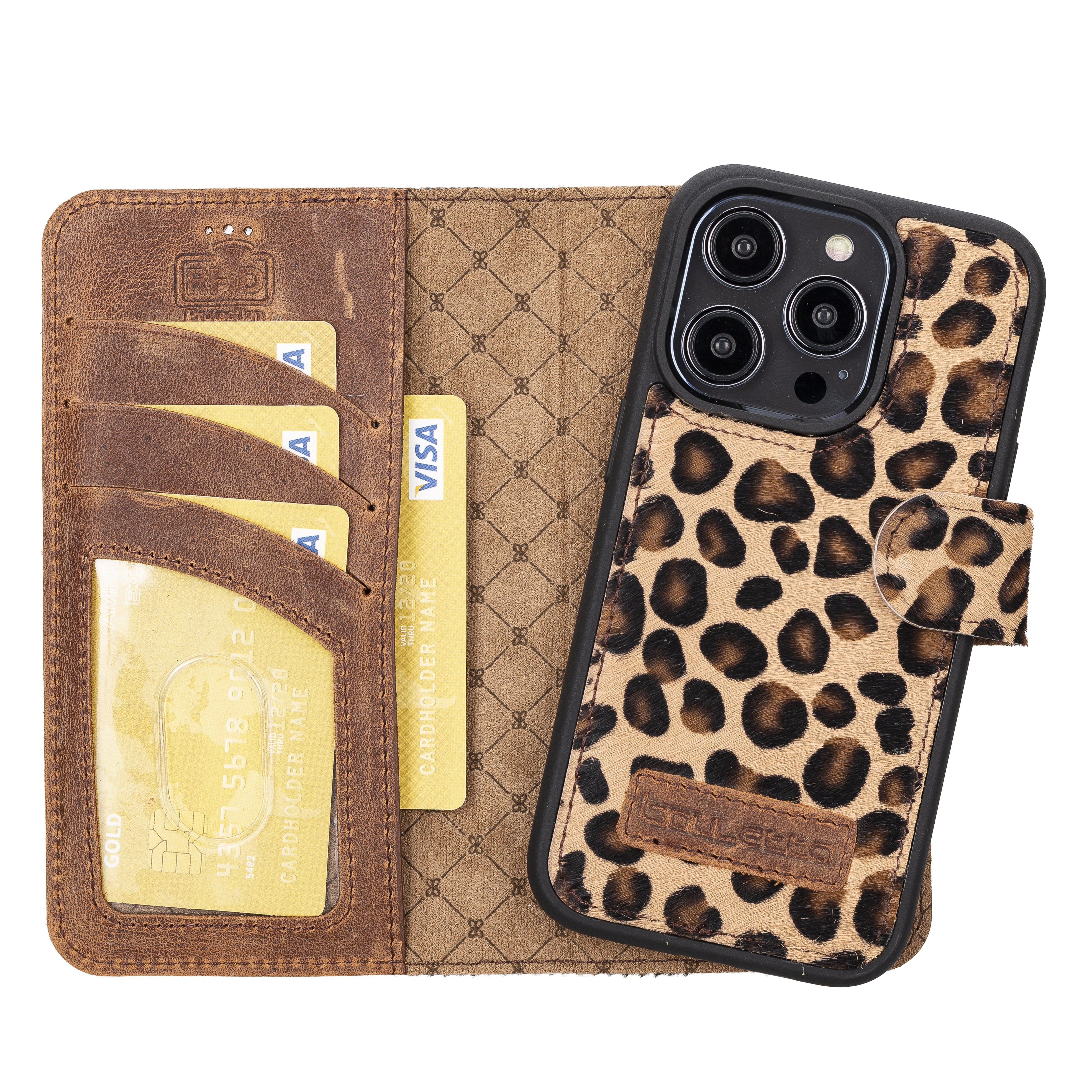 iPhone 14 Pro  Magnetische abnehmbare Handyhülle aus Leder mit RFID-Blocker - Leopard