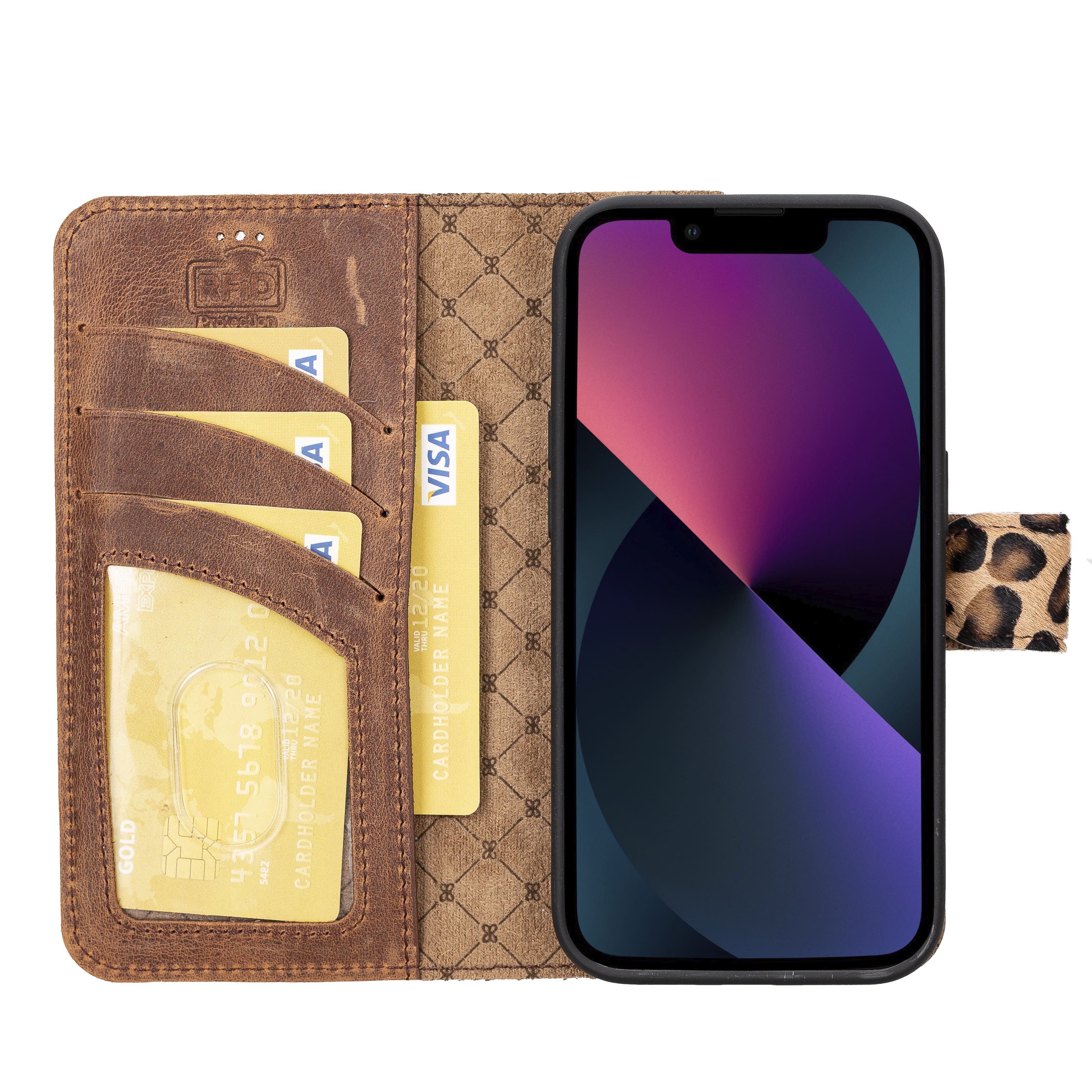 iPhone 14 Plus Magnetische abnehmbare Handyhülle aus Leder mit RFID-Blocker - Leopard