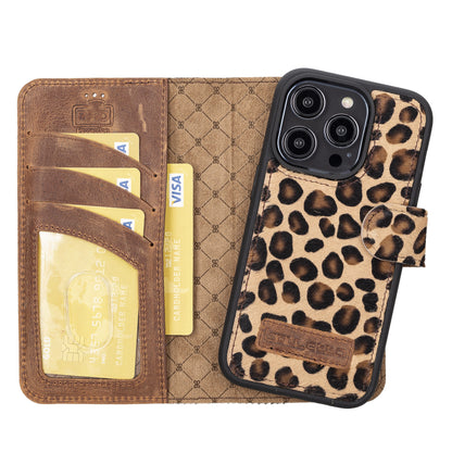 iPhone 14 Plus Magnetische abnehmbare Handyhülle aus Leder mit RFID-Blocker - Leopard