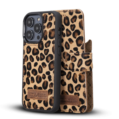 iPhone 14  Magnetische abnehmbare Handyhülle aus Leder mit RFID-Blocker - Leopard