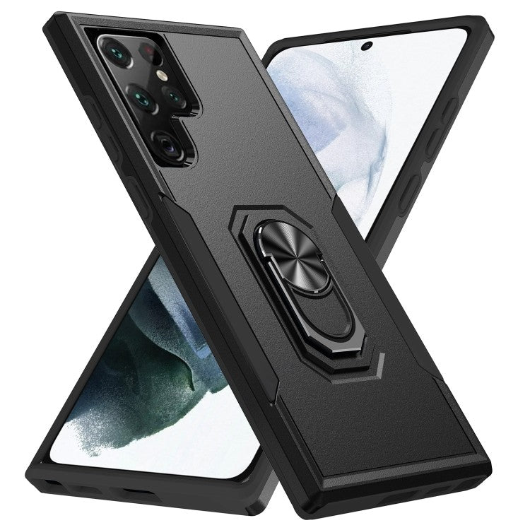 Samsung Galaxy S23 Ultra Vollschutz Silikon Schutzhülle mit magnetischem Ringhalter Schwarz