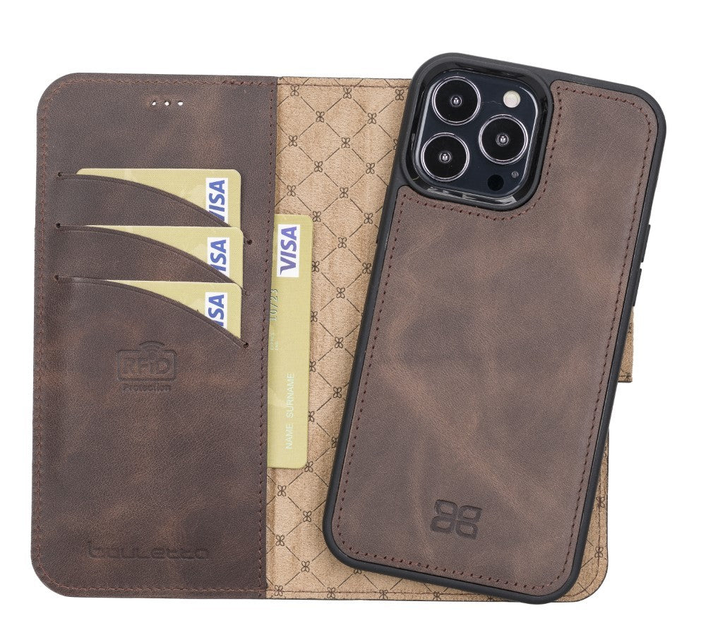 Bouletta Magnetische abnehmbare Handyhülle aus Leder mit RFID-Blocker für iPhone 15 Plus Antik Braun